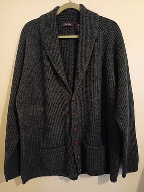 J Ashford Men’s Shawl Collar Ribbed Cardigan Sweater - Dark Blue  Wool Sz XXL